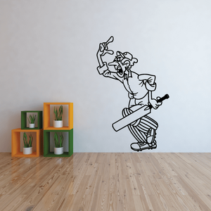 Cricket batter decal of an angry player swinging a bat in black outline.