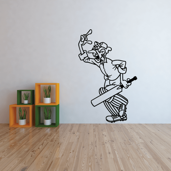 Cricket batter decal of an angry player swinging a bat in black outline.