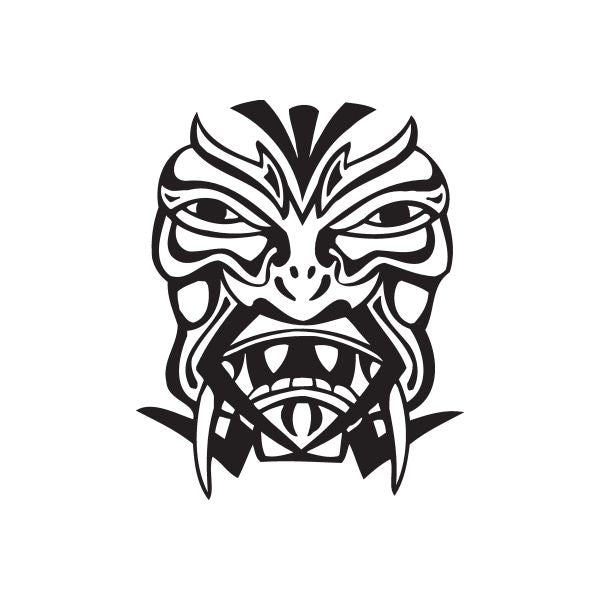 Angry tiki face decal, black-and-white with fangs and tribal mask lines