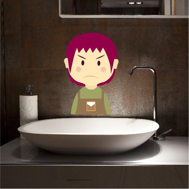 Angry cartoon girl sticker with short purple hair and frowning face
