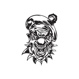 Angry clown head hat decal, black-and-white graphic with open-mouthed grimace.