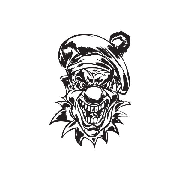 Angry clown head hat decal, black-and-white graphic with open-mouthed grimace.