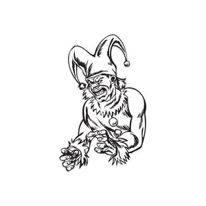 Angry jester decal of a snarling clown with outstretched hand and hat