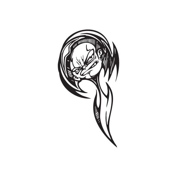 Graffiti decal of an angry face with black outline and white fill, hair swoosh