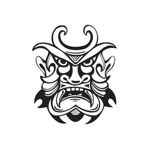 Angry horned tiki decal, black tattoo-style mask face with curved horns