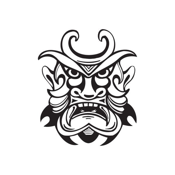 Angry horned tiki decal, black tattoo-style mask face with curved horns