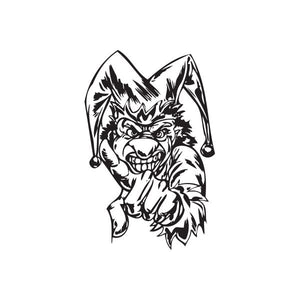 Angry jester pointing face decal, black-and-white graphic