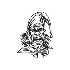 Angry jester head decal with neckerchief, black line art