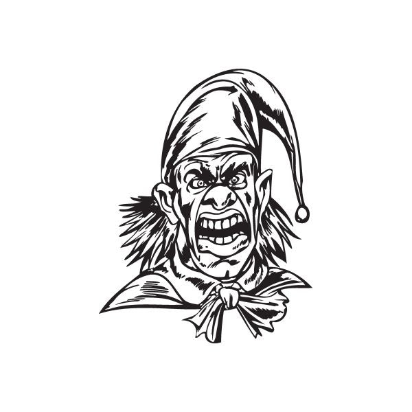Angry jester head decal with neckerchief, black line art