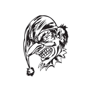 Angry jester head decal with long nose and skull grin, black-and-white