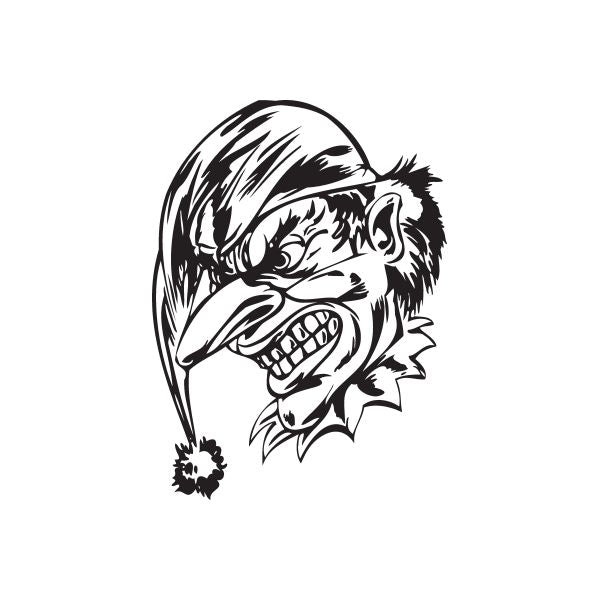 Angry jester head decal with long nose and skull grin, black-and-white