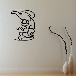 Angry Mayan face decal with thick black outline and headdress