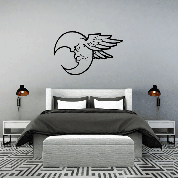 Black outline moon with wings wall decal