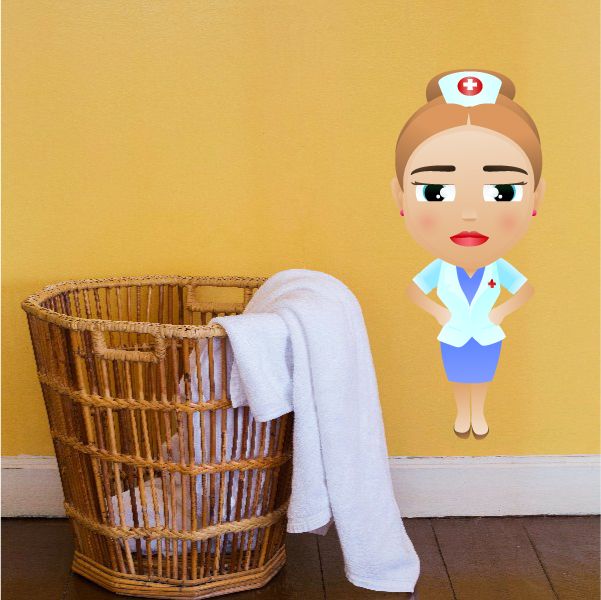 Cartoon nurse sticker with red-cross cap and white uniform, red lips, stern face.