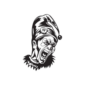 Angry jester head face decal, black-and-white illustrated design with wide mouth