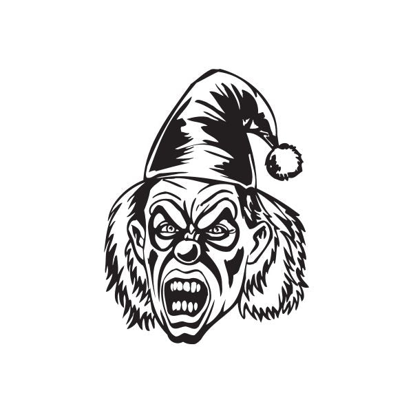Angry pointy-hat clown head decal, black and white angry face with ruffled hair