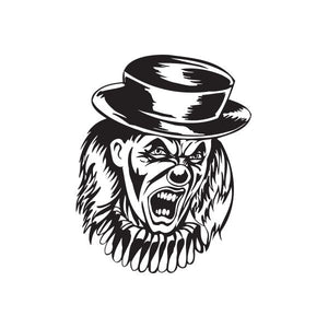 Angry clown head decal with short top hat, black-and-white sketch