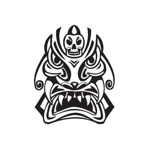 Angry tiki skull decal with flaming eyes and tribal mask design