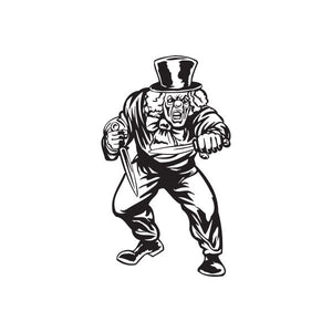 Angry clown top hat knives decal, black-and-white figure holding blades
