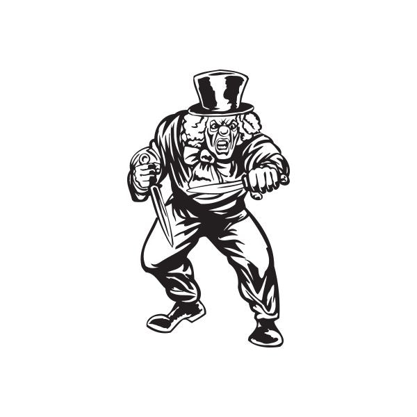 Angry clown top hat knives decal, black-and-white figure holding blades