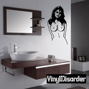 Line-art woman wall decal, black outline with long hair.