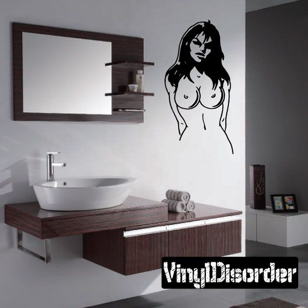 Line-art woman wall decal, black outline with long hair.