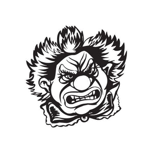 Angry clown head decal with spiky hair, grinning face, black-and-white