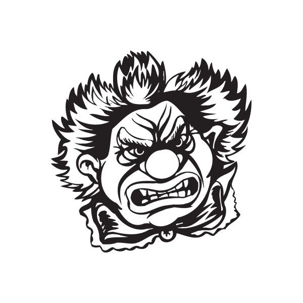 Angry clown head decal with spiky hair, grinning face, black-and-white