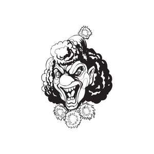 Angry clown head decal with curly hair and ruffled collar, black-and-white illustration