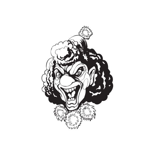 Angry clown head decal with curly hair and ruffled collar, black-and-white illustration
