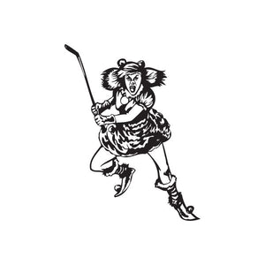 Angry clown decal of woman holding a hockey stick, black-and-white outline