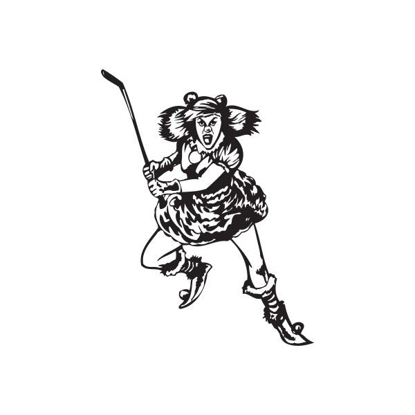Angry clown decal of woman holding a hockey stick, black-and-white outline