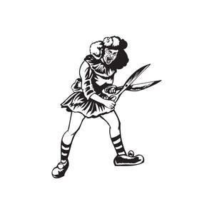 Clown woman decal with angry face and scissors, black-and-white graphic