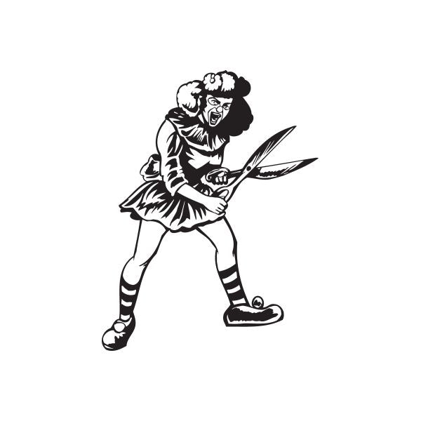 Clown woman decal with angry face and scissors, black-and-white graphic