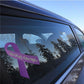Purple vinyl awareness ribbon sticker with script text for animal cruelty and welfare