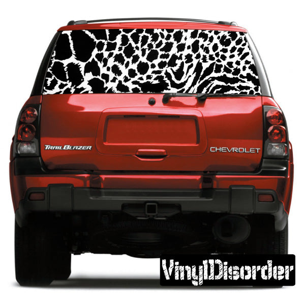 Snow leopard animal print rear window graphic on black background