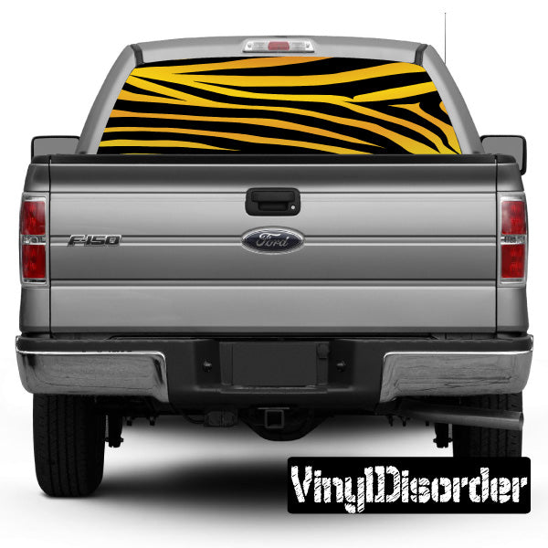 Tiger-striped rear window graphic for truck, yellow and black horizontal stripes.