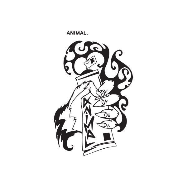 Animal spray can decal: black-and-white cat figure holding a spray can