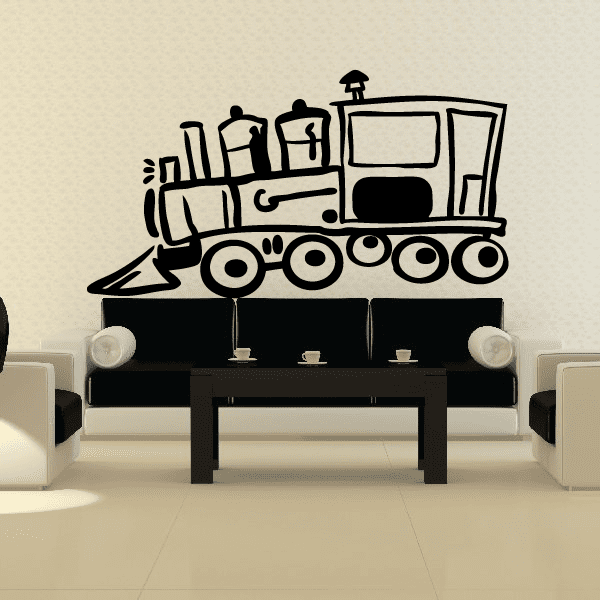 Black train engine wall decal with wheels, tracks, and driver figure