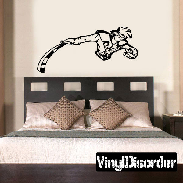Anime fighter wall decal of a character aiming a gun, black line art