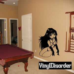 Anime girl chain bikini wall decal, black line art with long hair and pose