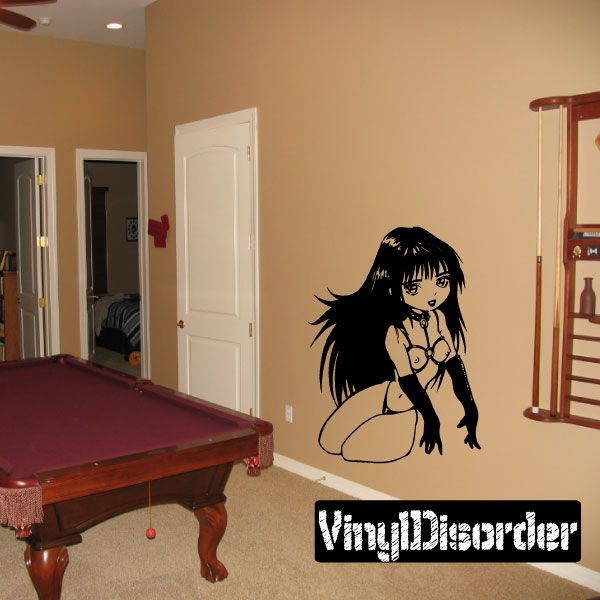 Anime girl chain bikini wall decal, black line art with long hair and pose