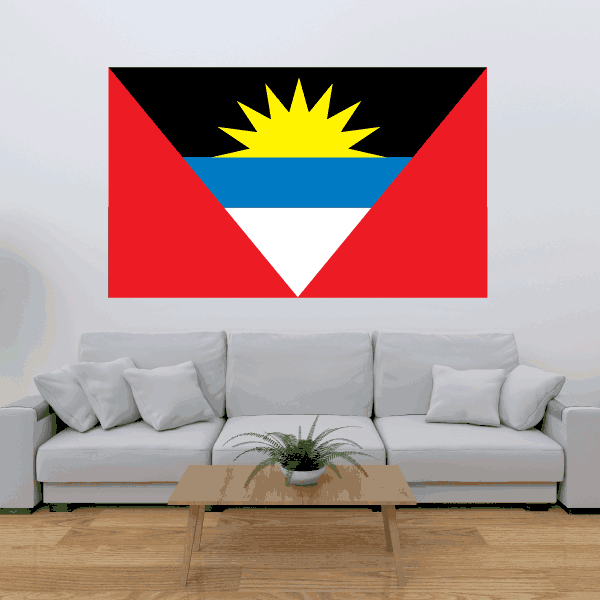 Antigua and Barbuda flag sticker, rectangular with red field, black border, sun and blue triangle