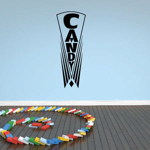 Candy sign decal with vertical "CANDY" lettering and ribbon banner