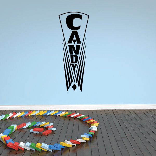 Candy sign decal with vertical "CANDY" lettering and ribbon banner