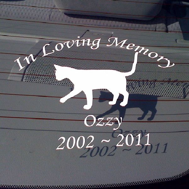 In Loving Memory decal with white dog silhouette, name OZZY, and dates 2002–2011