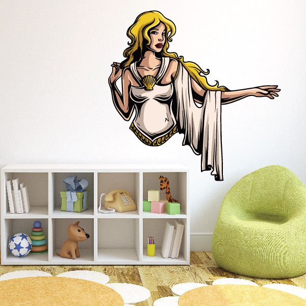Aphrodite sticker of blonde goddess in white draped dress with seashell pendant