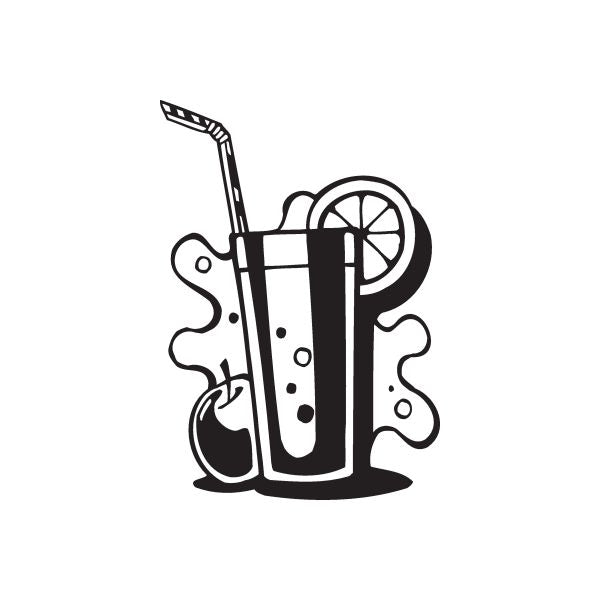 Apple juice decal of glass with straw, apple slice and ice bubbles