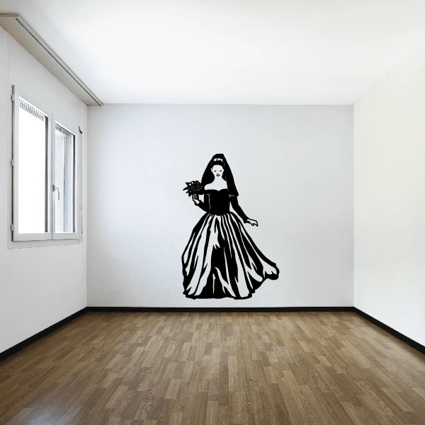 Bride wall decal of a woman in black holding a bouquet with a flowing white skirt