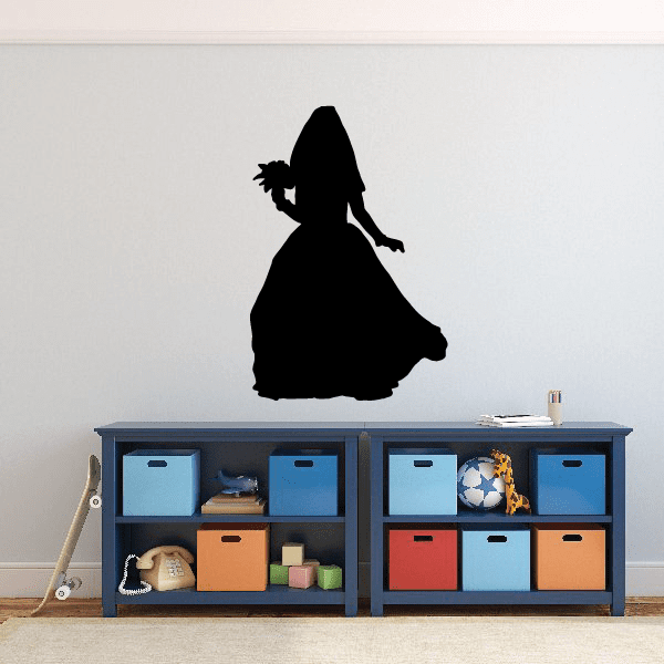 Black bride silhouette decal with flowing dress and veil, person walking forward